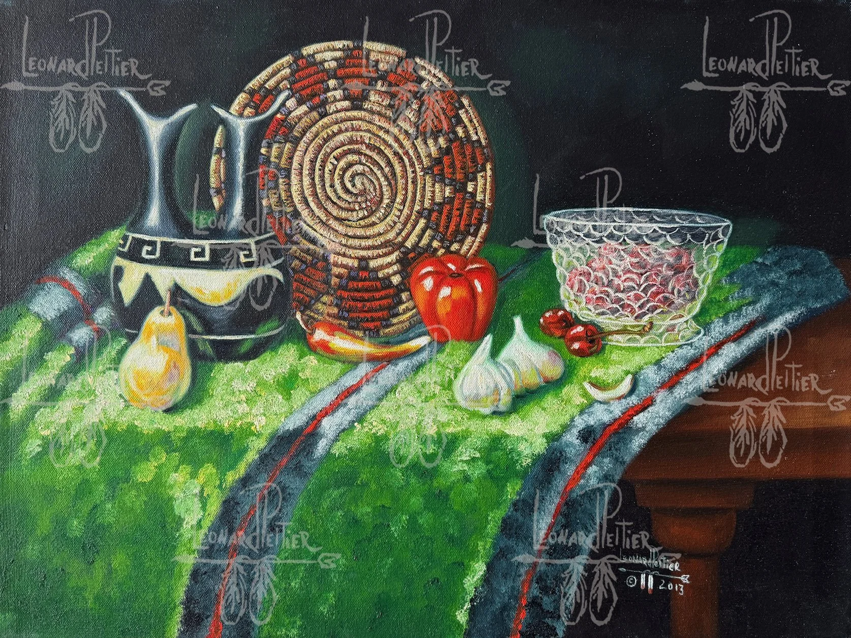 A still life painting of a green tablecloth with a black and silver vessel, a spiral patterned basket, red bell pepper, garlic bulbs, a glass bowl with a red fruit, and cherries, against a dark background.
