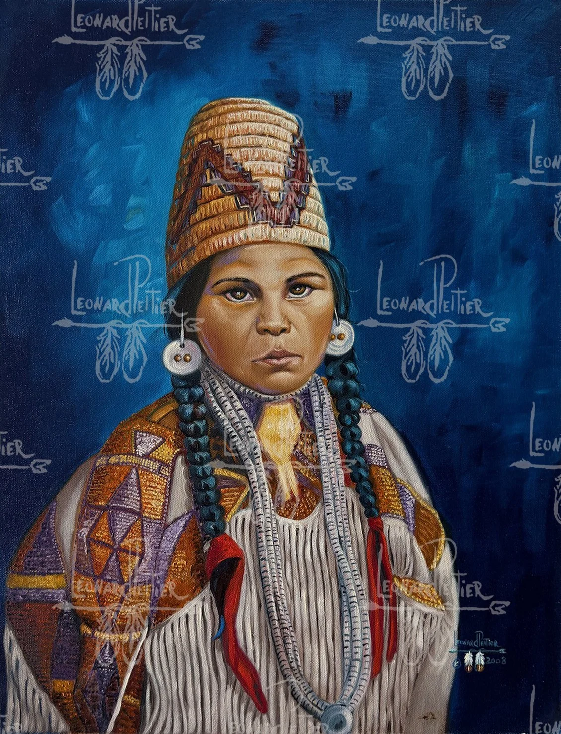 A portrait of a Native American woman wearing traditional clothing and jewelry, with a blue background.