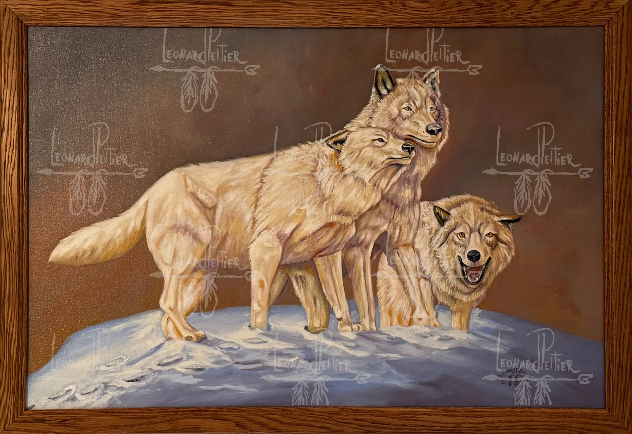 Painting of three wolves standing on snow against a dark brown background.