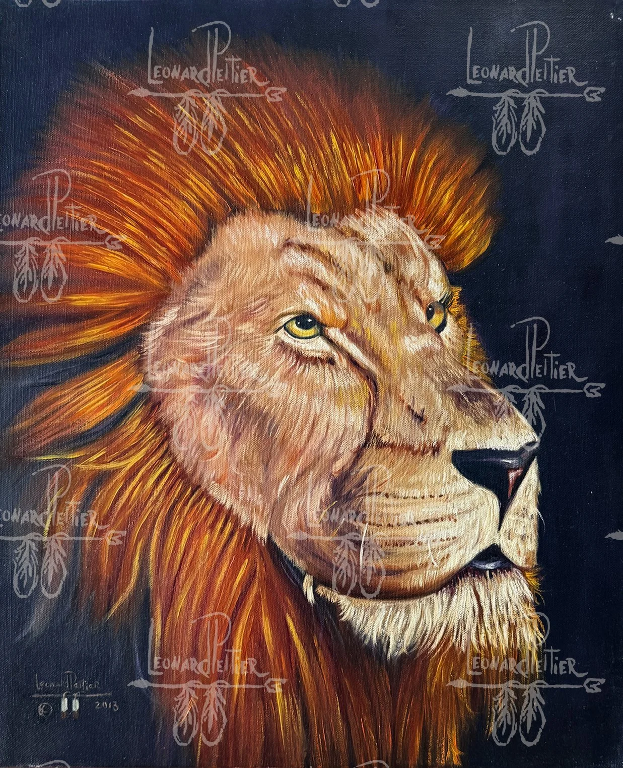 Colorful painting of a lion with a vibrant orange mane against a dark background.