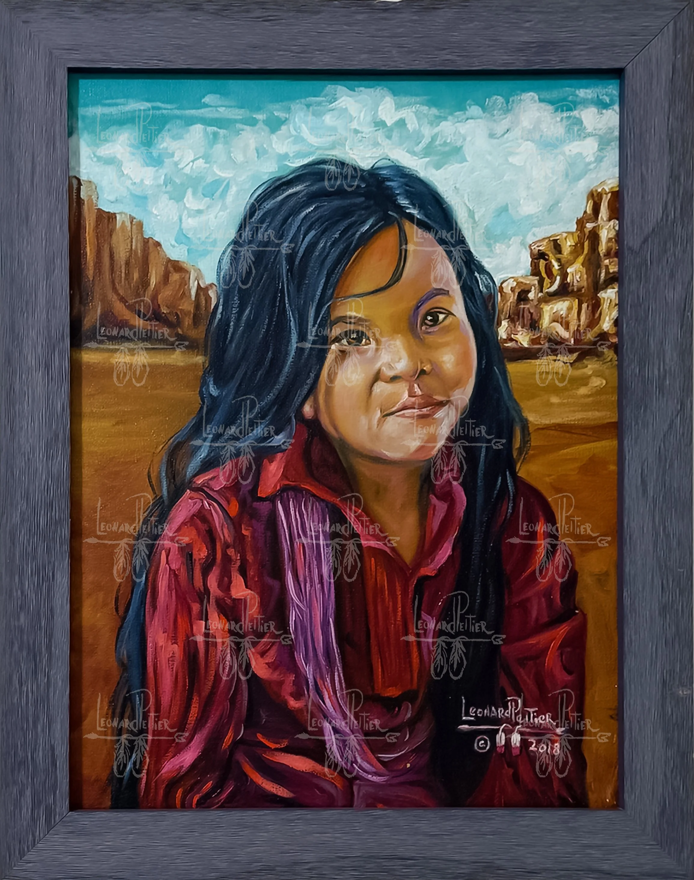 A portrait painting of a woman with long black hair, wearing a red jacket, set against a landscape background with rock formations and a sky with clouds.