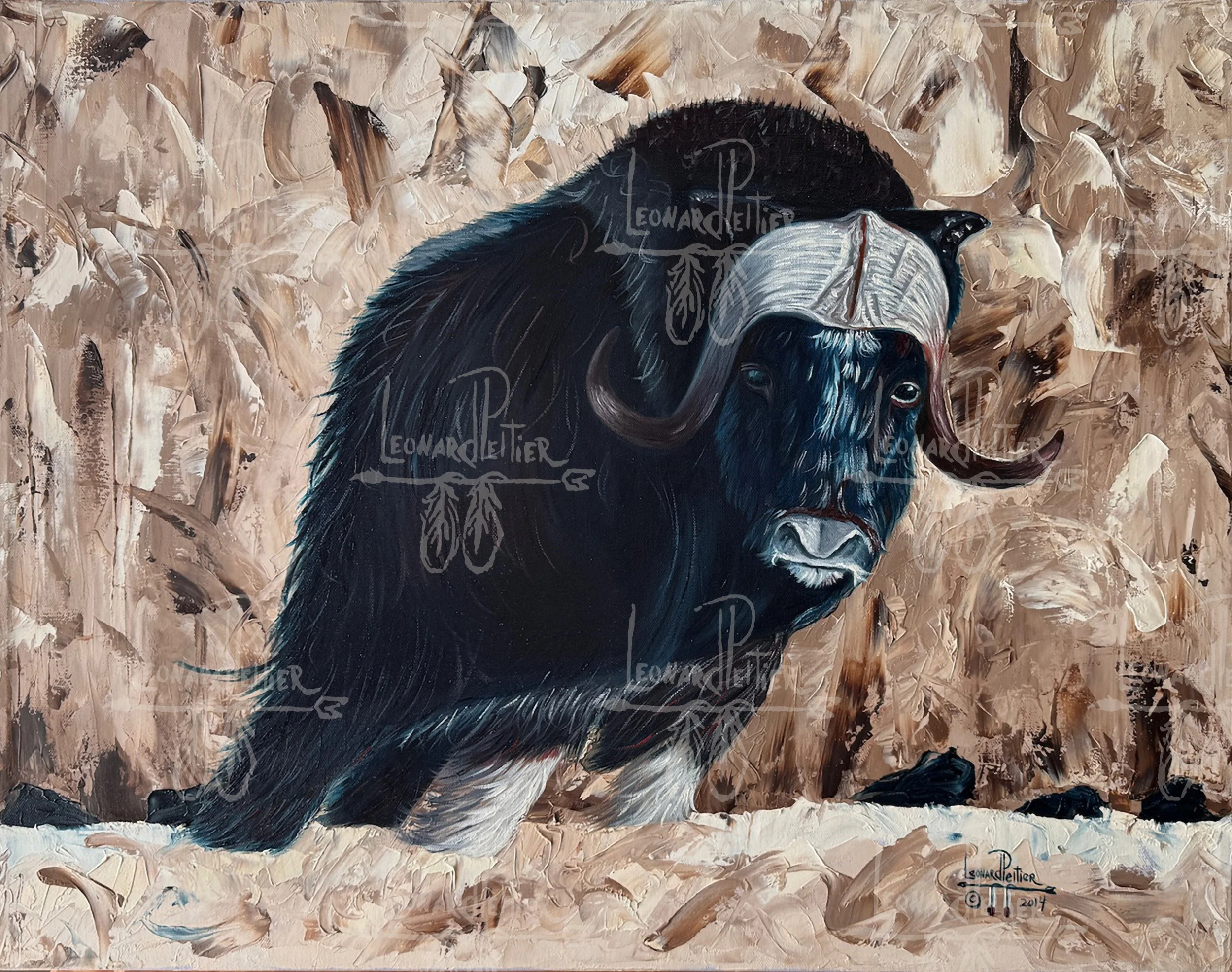 Painting of a bison with a black body, white face and horns, set against a painterly tan background.
