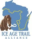 Map of North America highlighting the Ice Age Trail Alliance logo featuring a brown and white mammoth with a yellow outline of the trail route.