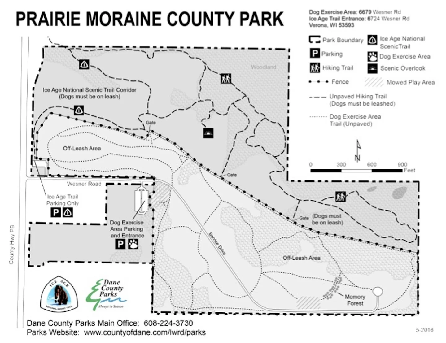 Map of Prairie Moraine County Park showing park boundary, parking areas, hiking trail, scenic overlook, dog exercise area, and off-leash area. Marked gates, fences, and mowed play areas. Legend explains symbols for park features and trails. Located in Verona, Wisconsin.