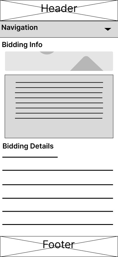 Wireframe of a website or app layout with sections labeled Header, Navigation, Bidding Info, Bidding Details, and Footer; the layout includes placeholder lines and icons.