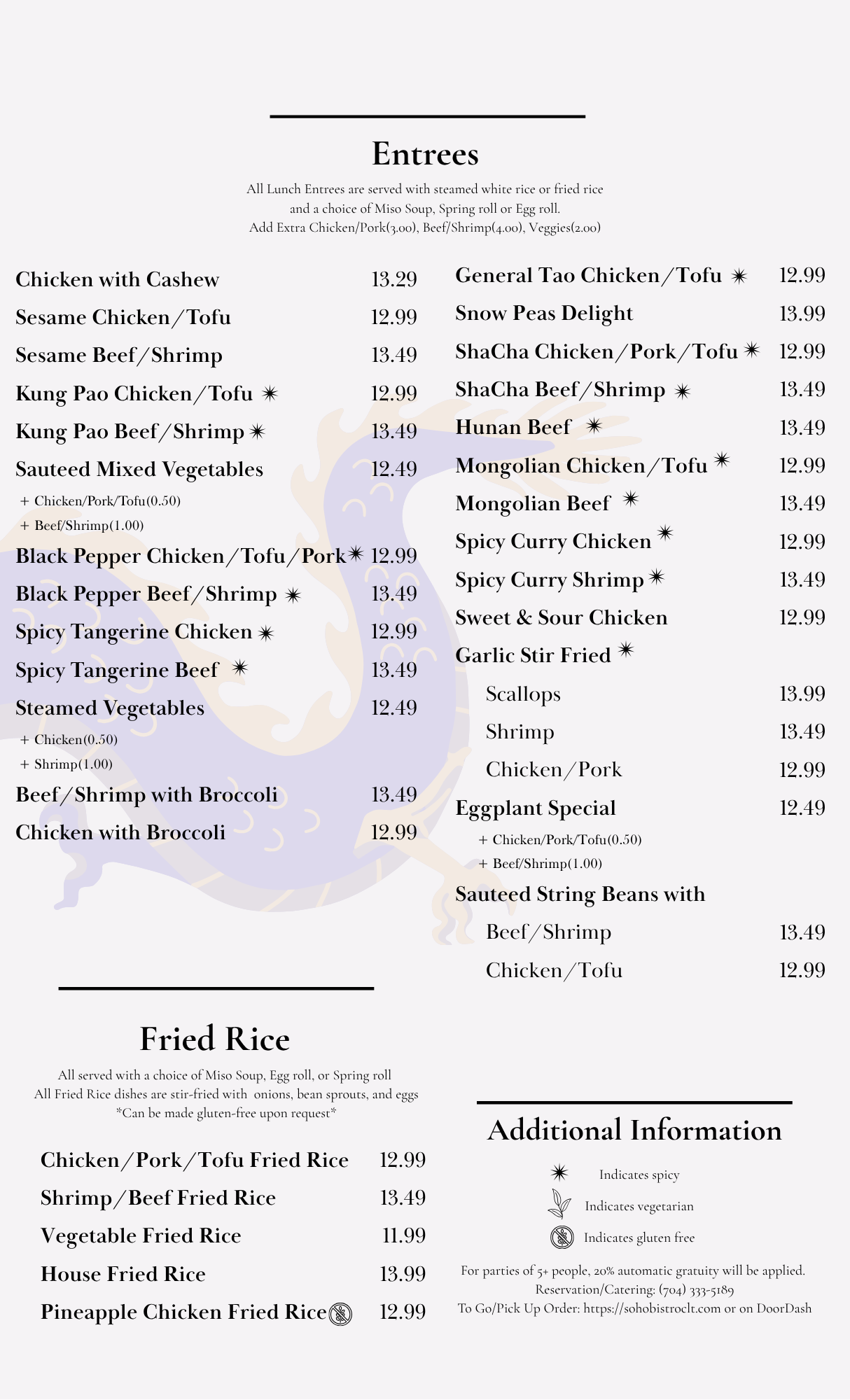 A restaurant menu with various Asian dishes including entrees and fried rice options, along with pricing and dietary indicators.