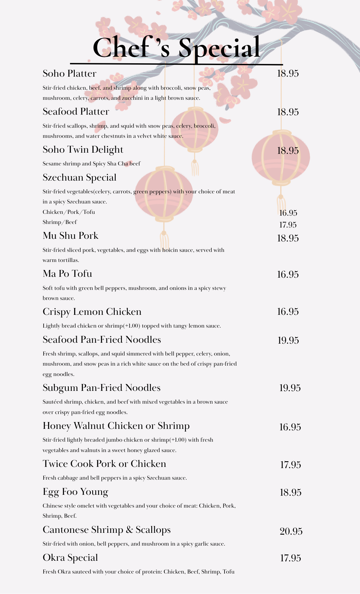 A restaurant menu titled 'Chef's Special' listing various Asian-inspired dishes with descriptions and prices. The background features a subtle floral pattern and hanging lantern illustrations.