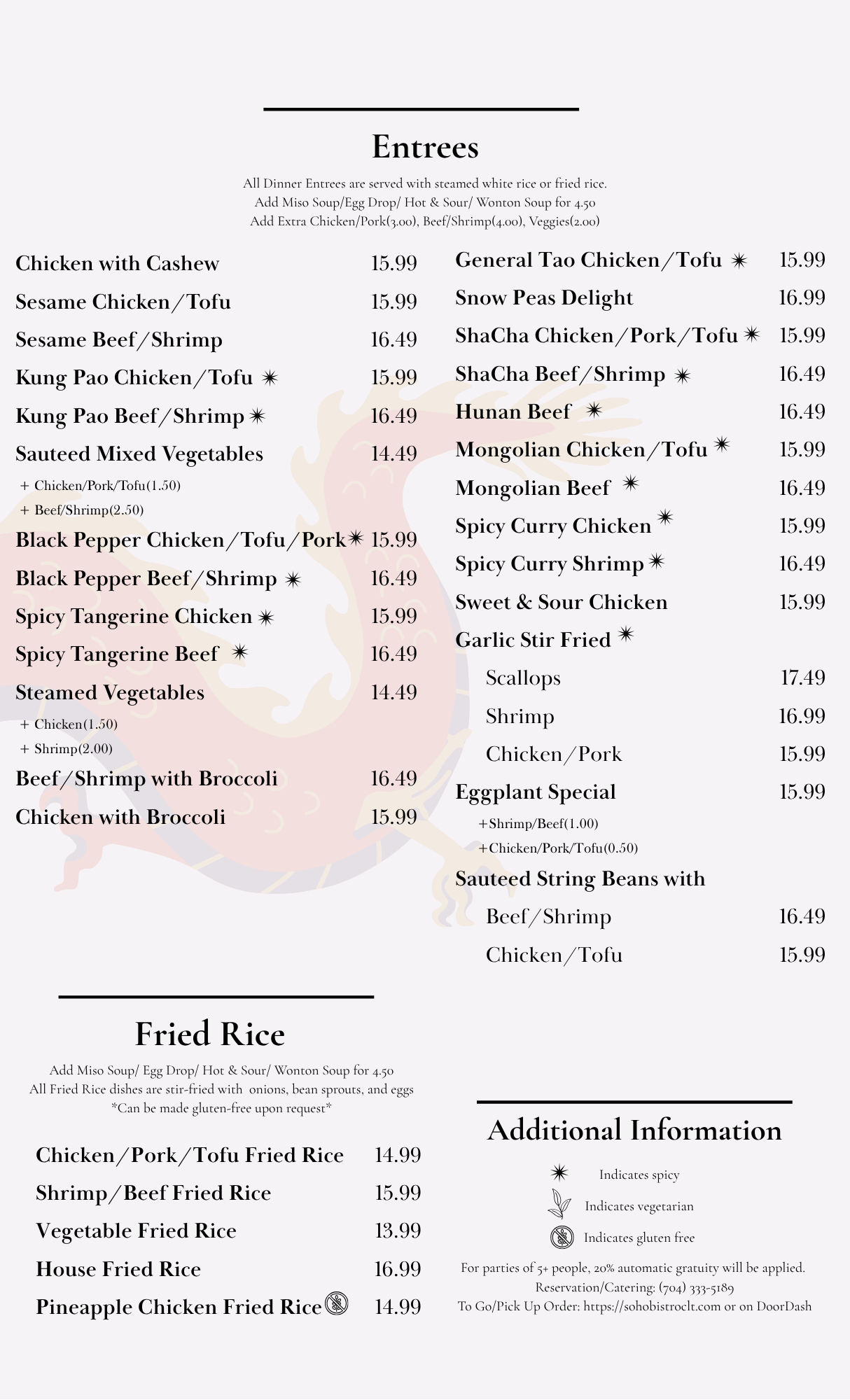 A menu featuring various Asian cuisine dishes, including chicken, beef, shrimp, vegetable, and fried rice options, with prices listed next to each item.