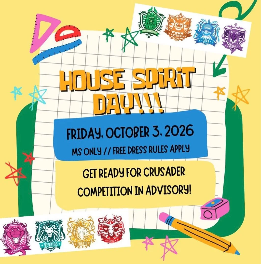 Hey Middle Schoolers!! It’s a house spirit day October 3!! ❤️💙🩷💚💛🧡💜🩵!! Wear your house colors to school & get ready for some fun 🤩