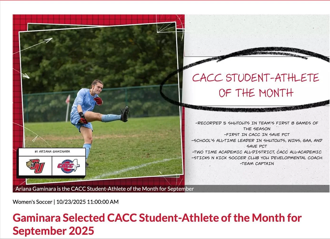 Ariana Gaminara (class of &lsquo;22) awarded Student-Athlete of the Month in the CACC!