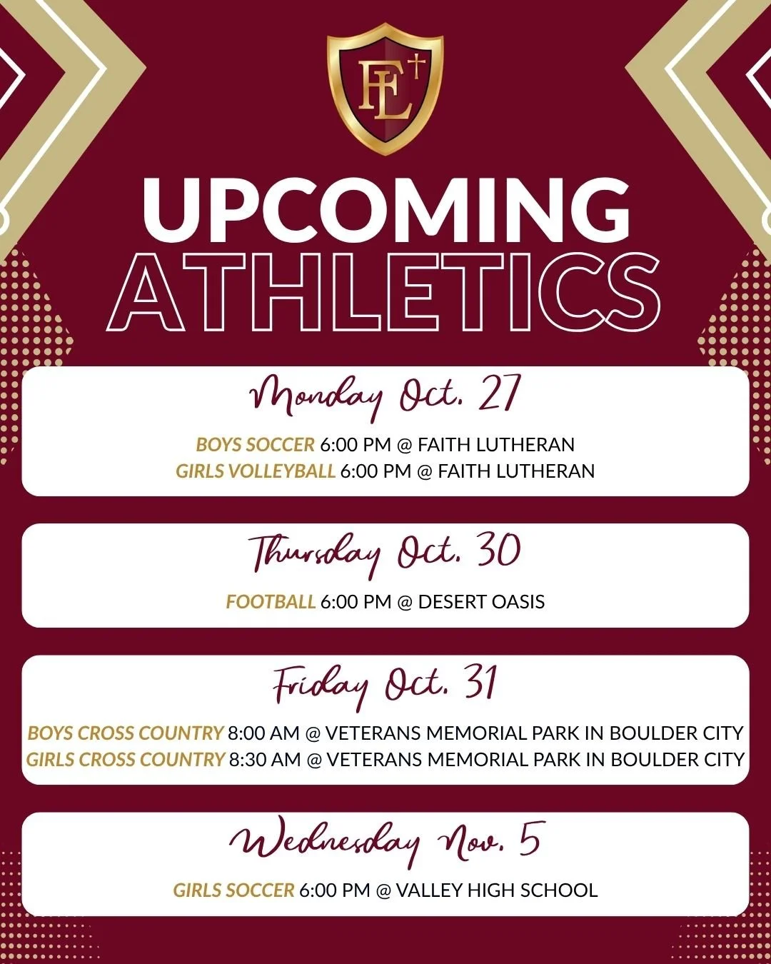 Our teams have worked hard all season, and it&rsquo;s paying off with SIX postseason appearances!!! Be sure to stop by and cheer them on! 

Tonight, Monday 10/27
⚽️ Boys Soccer | 6:00 PM @ Faith Lutheran
🏐 Girls Volleyball | 6:00 PM @ Faith Lutheran
