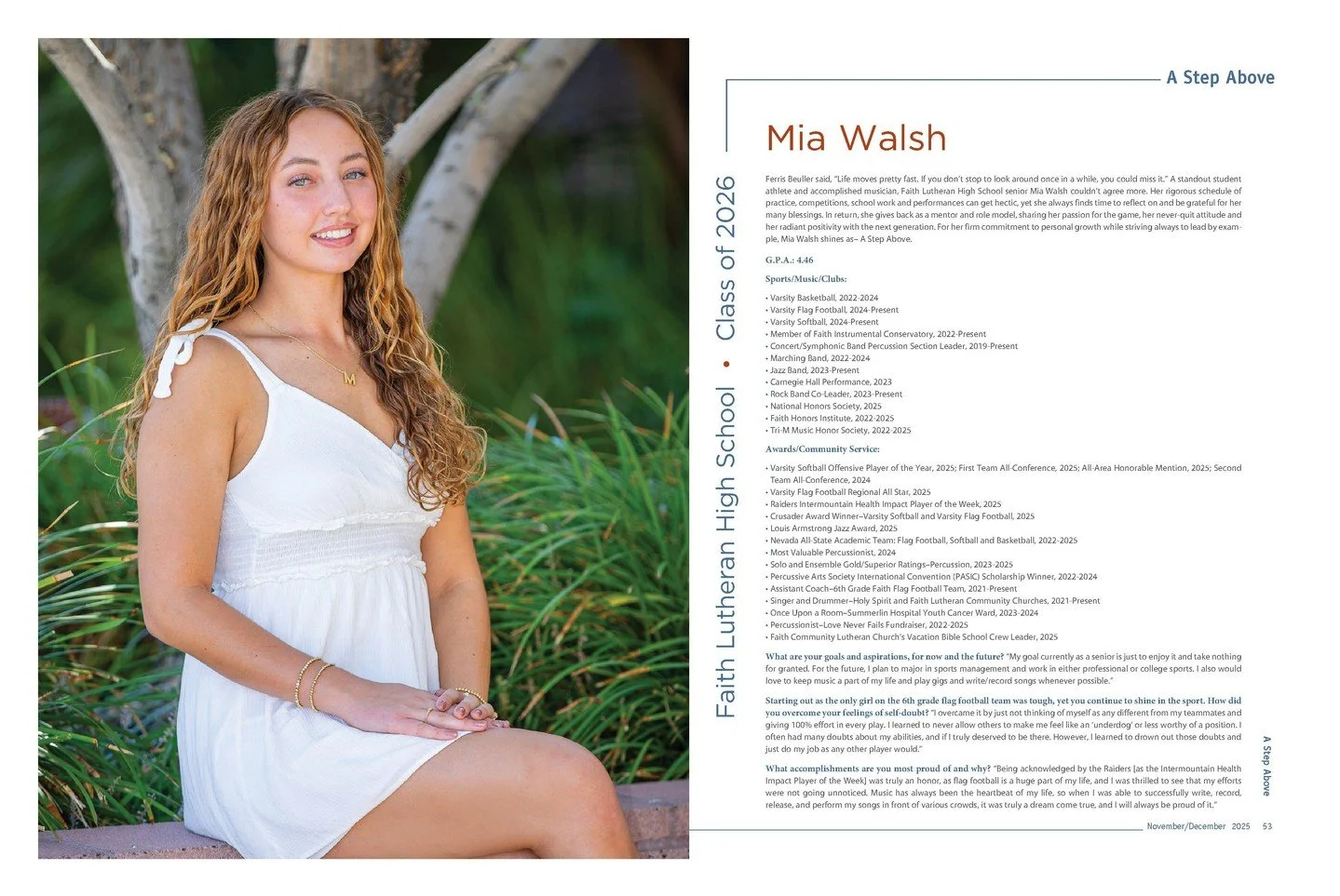 Congratulations FL Senior Mia Walsh who was featured in the recent edition of 89117 Magazine!