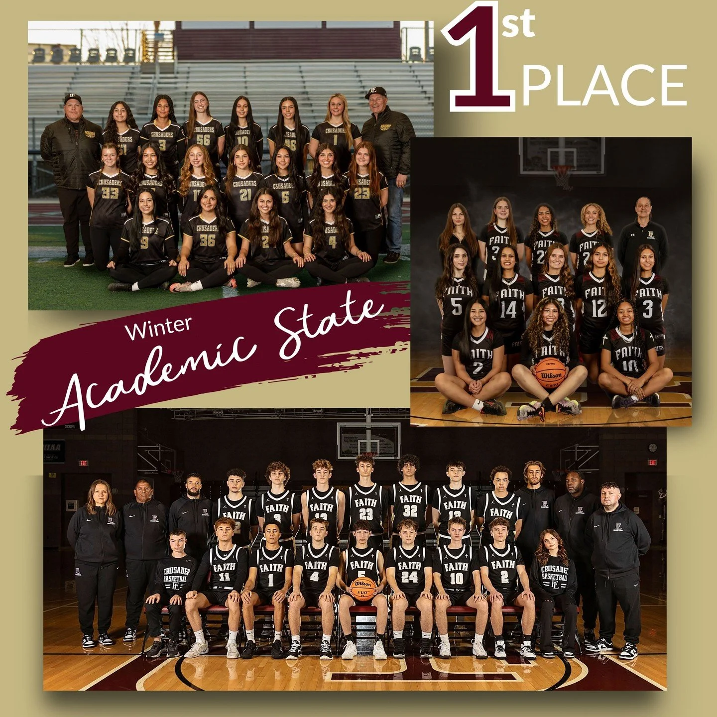 Champions in the classroom AND competitors in their sport. Congratulations to our Winter Academic State winners and runner-ups! Your discipline, commitment, and excellence don&rsquo;t stop when practice ends.
Boys Basketball &ndash; 1st Place (3.62 G