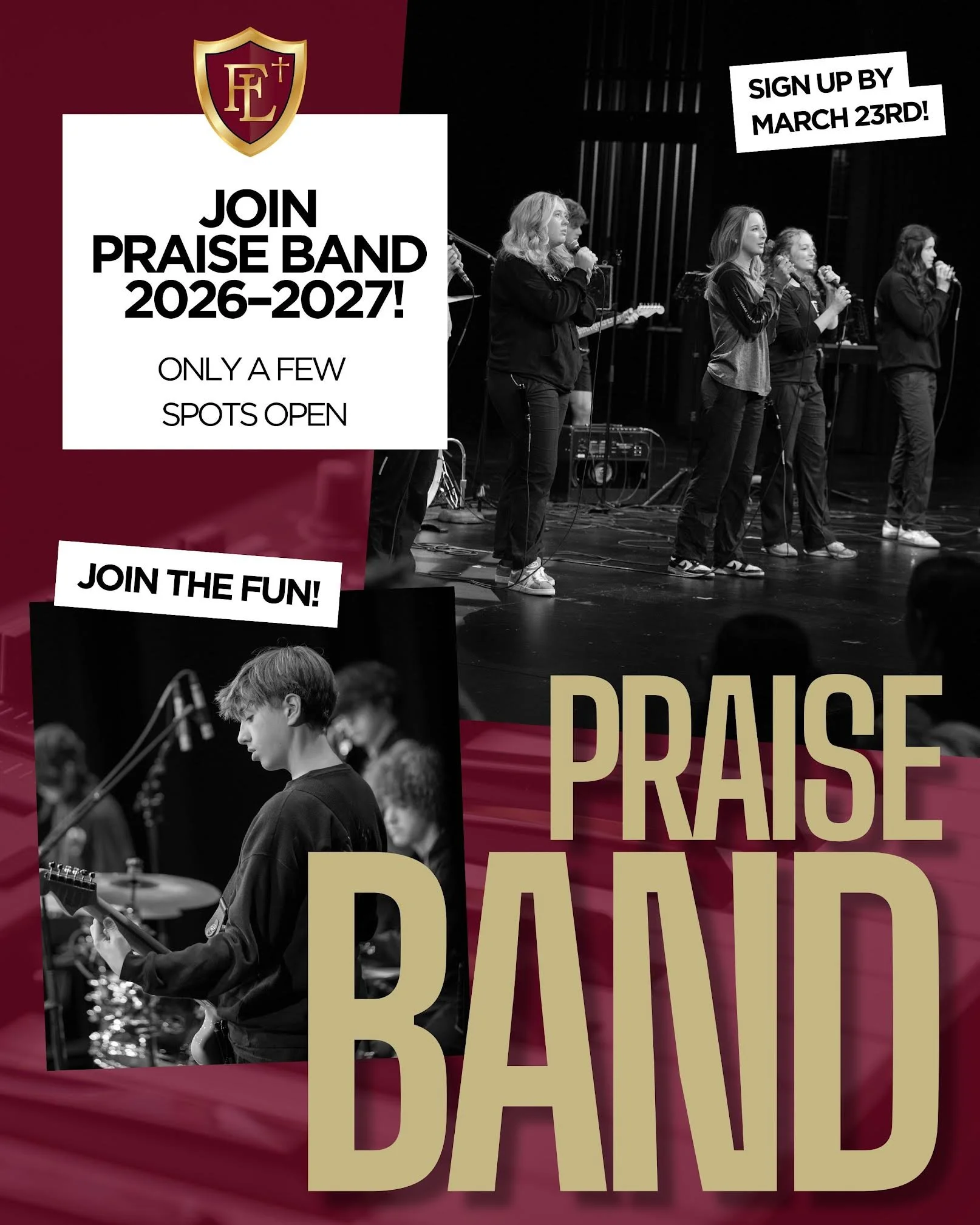 Join Praise Band 2026&ndash;2027!

Only a few spots open&mdash;apply by March 23. Fill out the form in our bio now! 🎤🔥