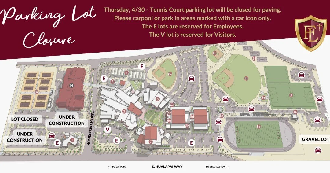 Faith Lutheran Parents,

On Thursday, April 30, the Tennis Court parking lot will be closed due to paving work in the Hooks Center parking lot. This marks exciting progress for our campus, though we understand it may create some challenges during mor
