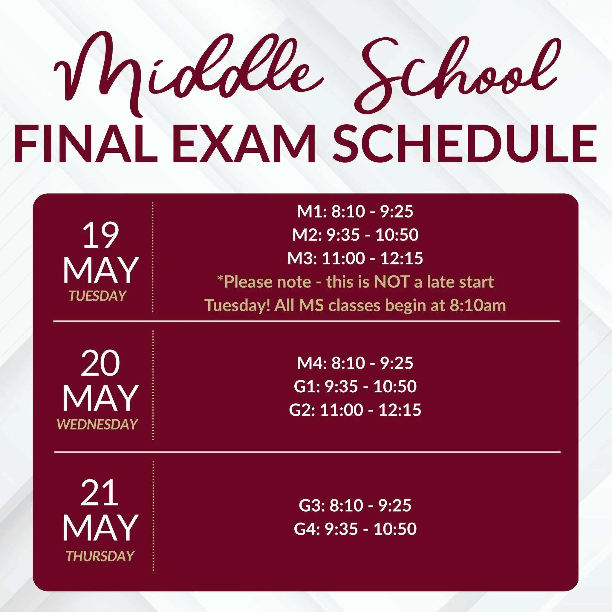 📚 It&rsquo;s Finals Week! 📚 Good luck to all of our Crusaders as they finish the school year strong! 

Here are the schedules for final exams this week! Please note that Tuesday is NOT a late start Tuesday!
