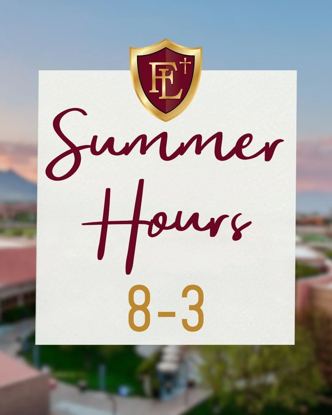 Happy Summer, Crusaders! The school offices are officially on summer hours! 

☀️ Monday &ndash; Friday
☀️ 8:00 AM &ndash; 3:00 PM