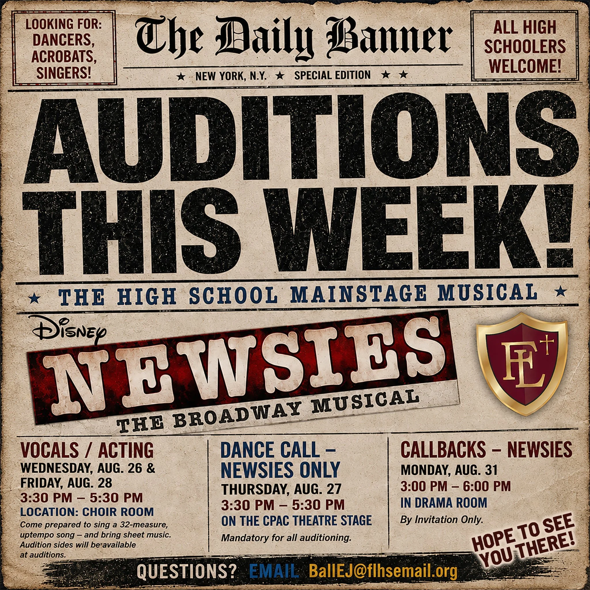 🎭 NEWSIES AUDITIONS START TODAY! 🎭

Calling all High School students! Auditions for our upcoming production of Disney's Newsies officially begin today!

Whether you love to sing, dance, act, or do all three, this is your chance to be part of the sh