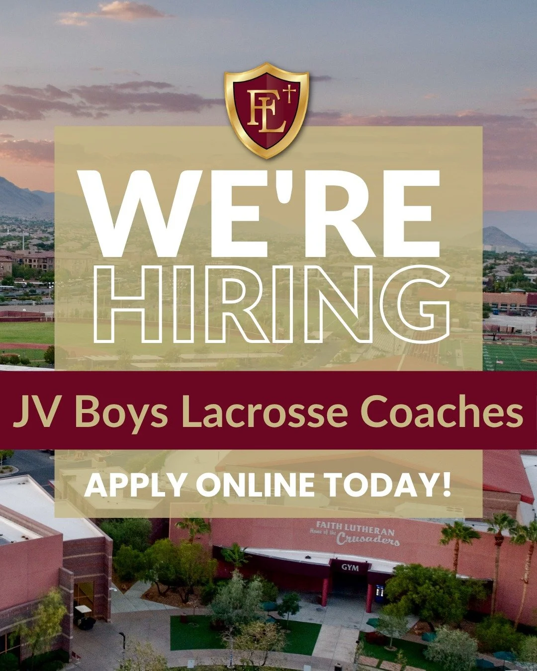 🥍 Come coach with us! 🛡️

Faith Lutheran is currently hiring for two positions within our Boys Lacrosse program:

🥍 JV Boys Head Lacrosse Coach
🥍 JV Boys Assistant Lacrosse Coach

We're looking for coaches who are passionate about lacrosse, commi