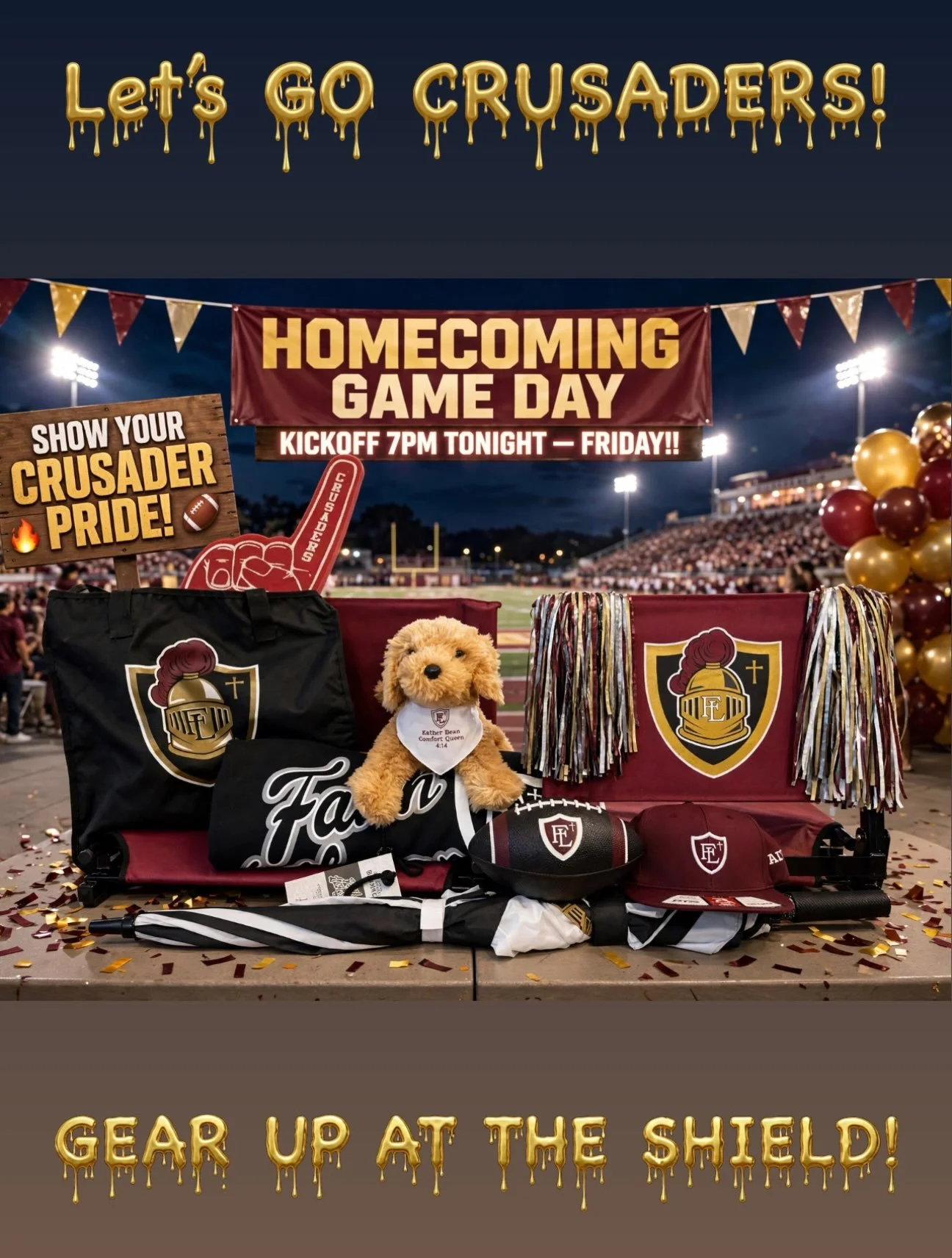 🏈IT&rsquo;S HOMECOMING GAME DAY!!!🏈 The lights are on, the spirit is HIGH, and kickoff is at 7pm TONIGHT! 🔥 📣Show your CRUSADER  PRIDE and gear up before the game!!! 🛍️