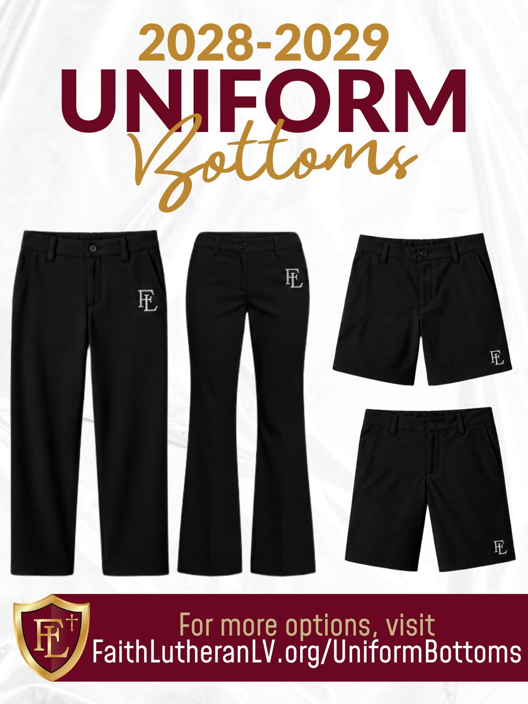 Planning ahead for 2028-2029 uniform bottoms? 👀👖🩳

We&rsquo;re excited to share the approved Lands&rsquo; End options for the ✨2028-2029 school year! ✨ Take a look at FaithLutheranLV.org/UniformBottoms to start exploring.

We&rsquo;re still puttin