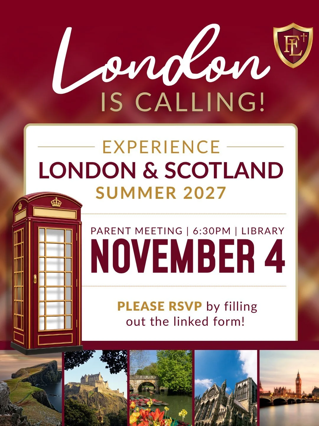 🇬🇧 YOUR SUMMER ADVENTURE AWAITS! ✈️

There's still time to sign up for our 9-day Scotland and England trip! Explore London, Oxford, Stratford, York, Alnwick, and Edinburgh while visiting castles, discovering Tudor history, enjoying delicious food, 