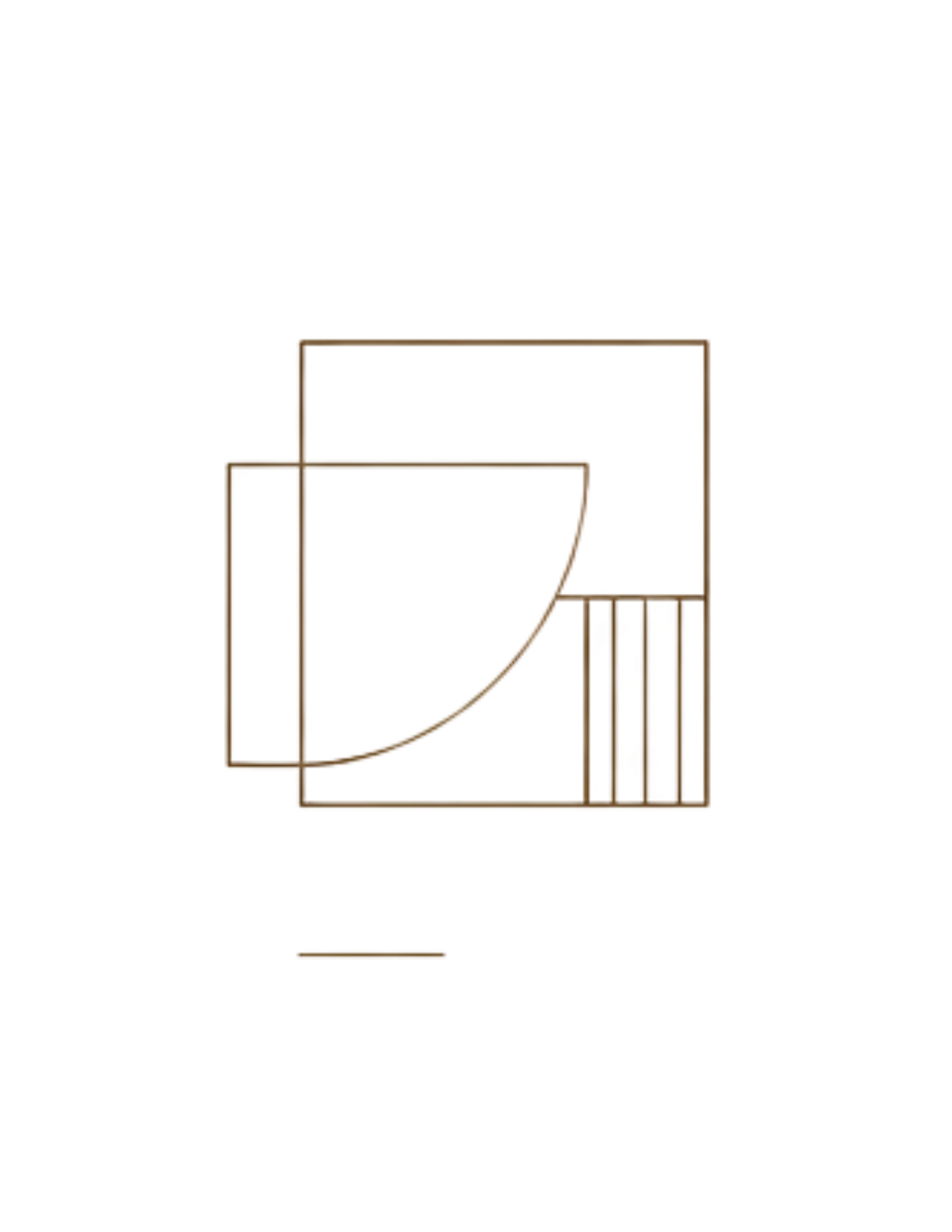 Geometric drawing of an outline square with sections divided by vertical, horizontal, and half circle lines.
