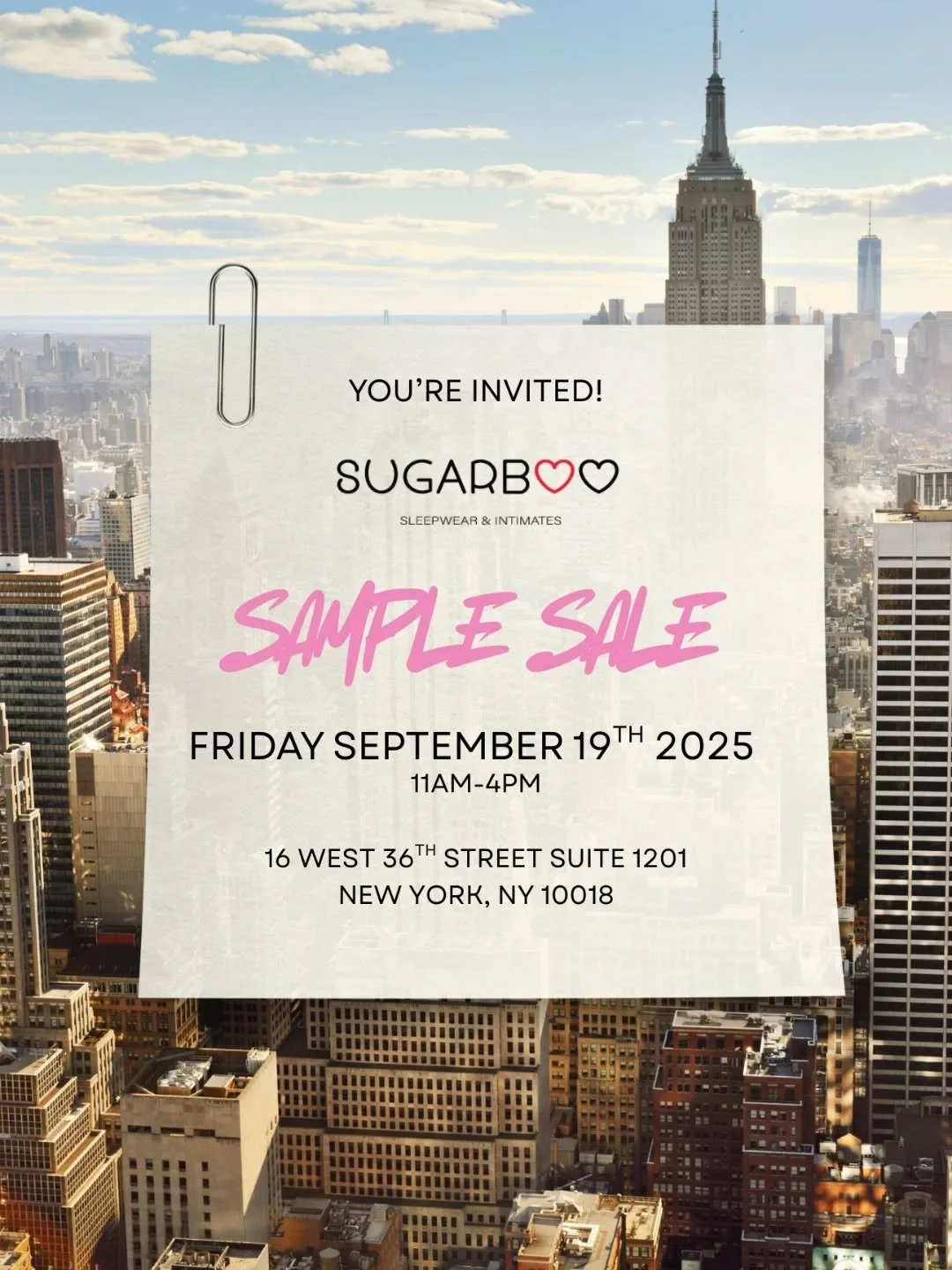 ✨MIDTOWN SAMPLE SALE TODAY✨
Your dream sleepwear + loungewear is waiting! 🛍️💖 From 11am&ndash;4pm, stop by the Sugarboo NYC Showroom and shop our latest collections at prices too good to pass up.

Comfy, chic, and perfect for the season &mdash; thi