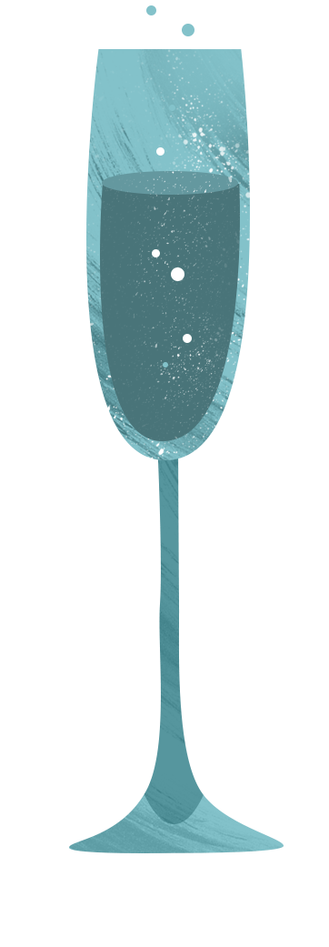 Ein Sektglas mit sprudelndem Getränk und Bläschen.