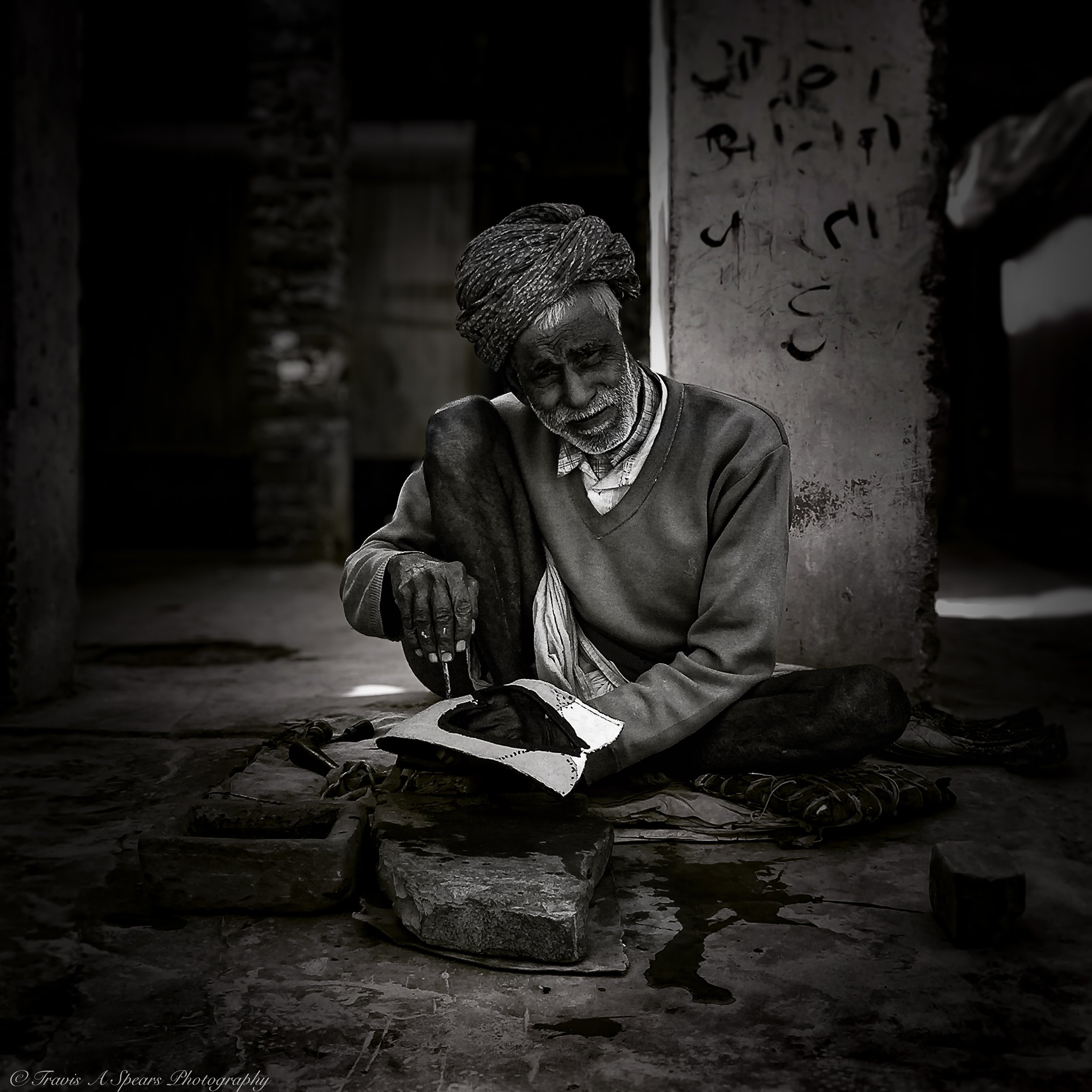 Timeless Craftsmanship: Black & White Art Print of Indian Shoemaker