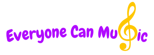 Text that reads "Everyone Can Music" in purple, with a yellow treble clef symbol at the end.