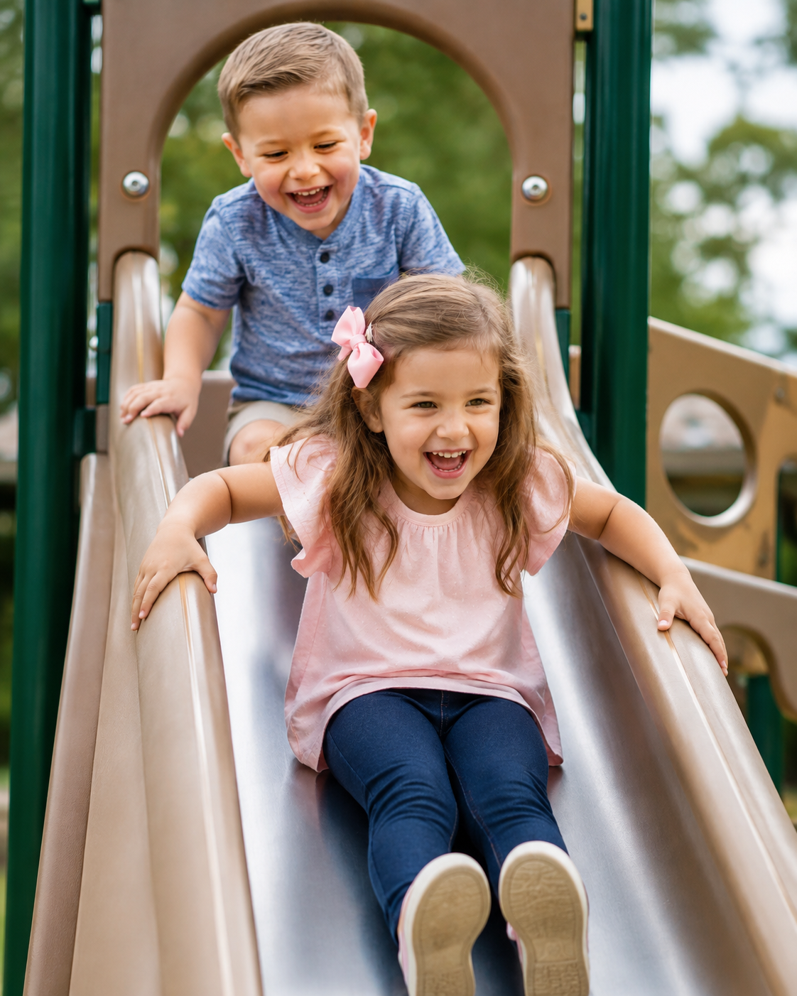 Child wearing a yellow cap and a gray hoodie sitting on a playground platform near a yellow tic-tac-toe panel, with a pink and red slide in the background on a sunny day.