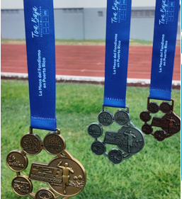 Finisher medal design for La Meca del Fondismo en Puerto Rico race series. Custom illustrated medals for multiple distances including the Medalla Llanera collection.
