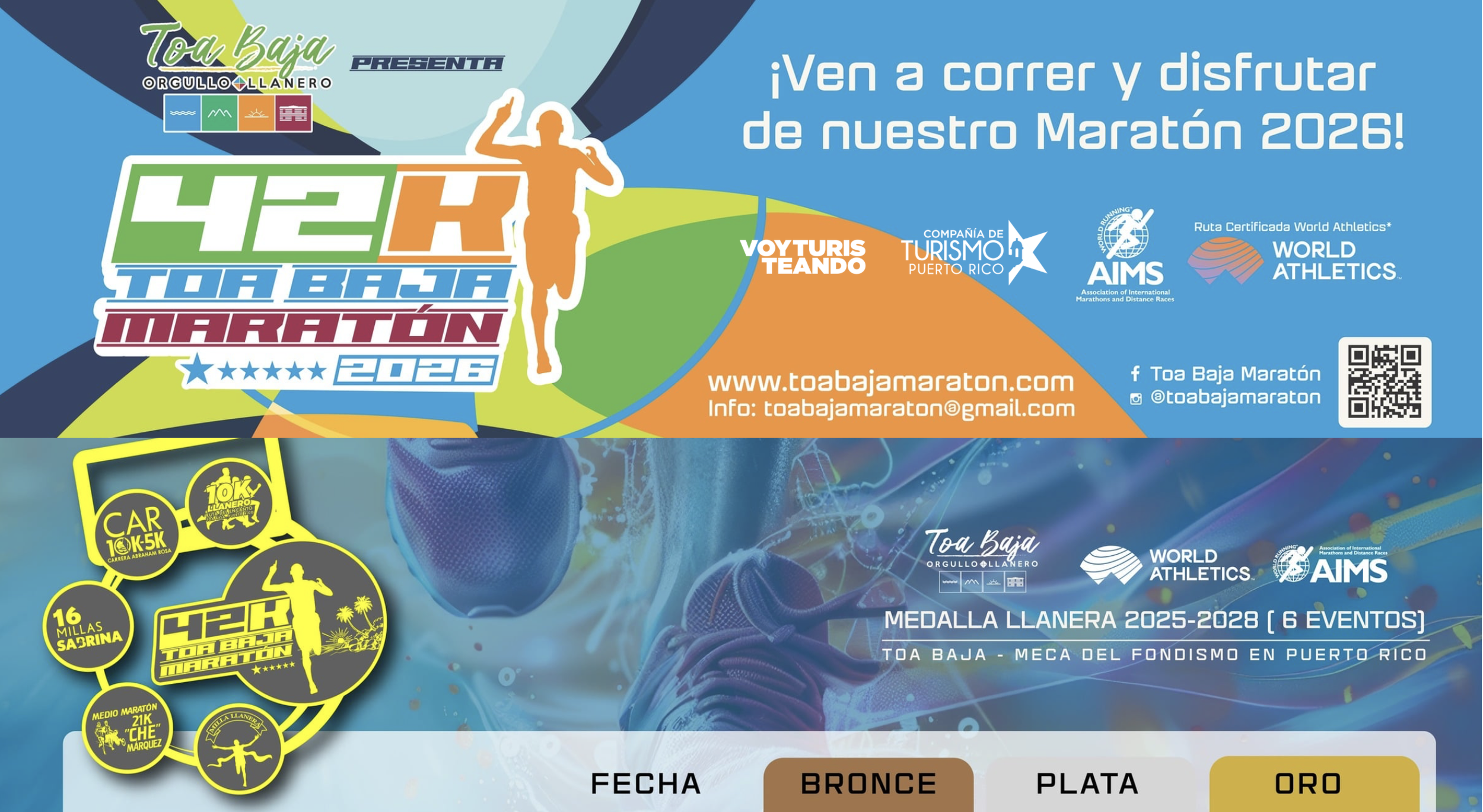 42K Toa Baja Maratón. Event branding and custom race website, integrating runner results and Puerto Rico Tourism Company sponsorship.