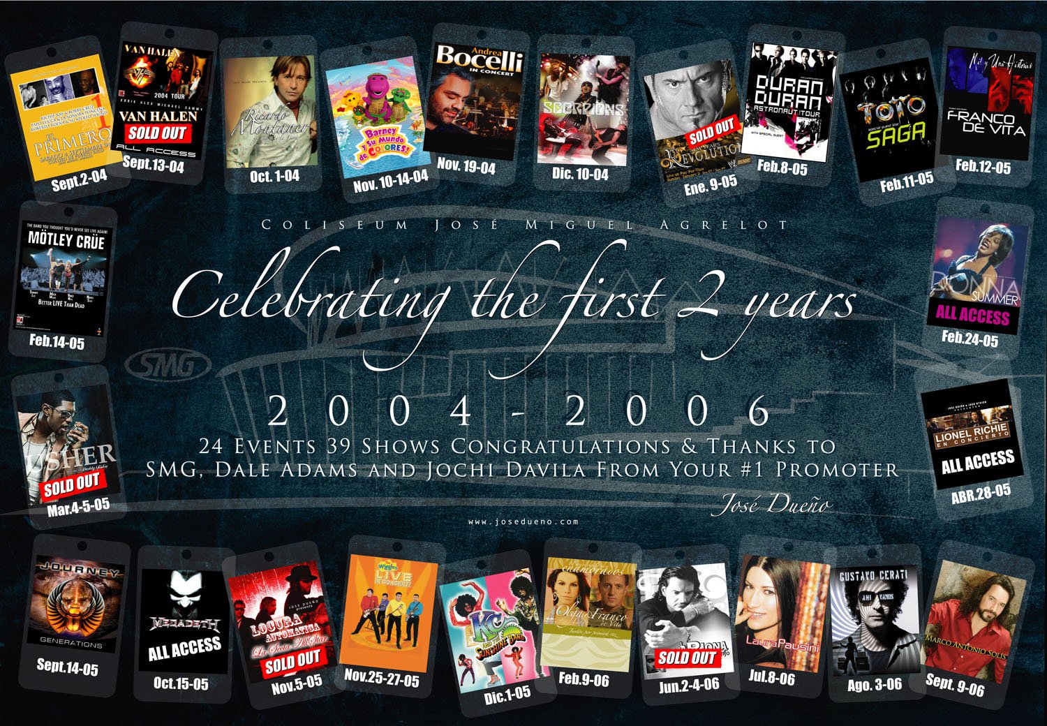 Centerspread newspaper advertisement celebrating the first two years of José Dueño Enterprises as a concert and live event producer in Puerto Rico. Campaign featured a two-year retrospective of 24 shows including Andrea Bocelli, Stomp, and other majo