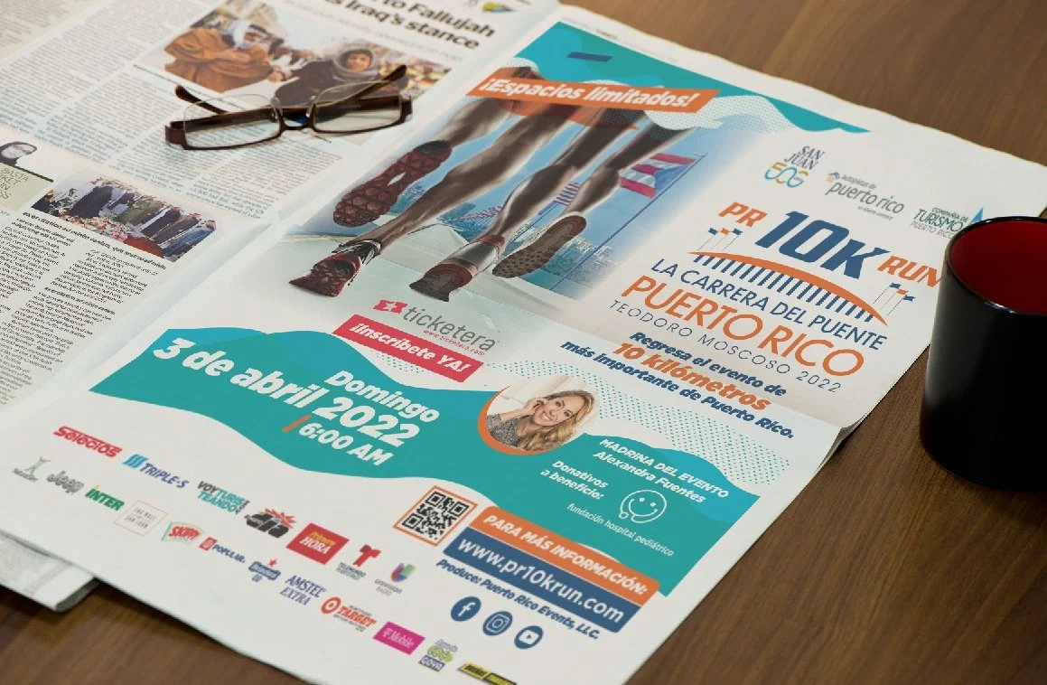 PR 10K Run Newspaper Ad
Print newspaper advertising for the Puerto Rico 10K Run. Full-page press ad promoting race registration, route, and sponsors.