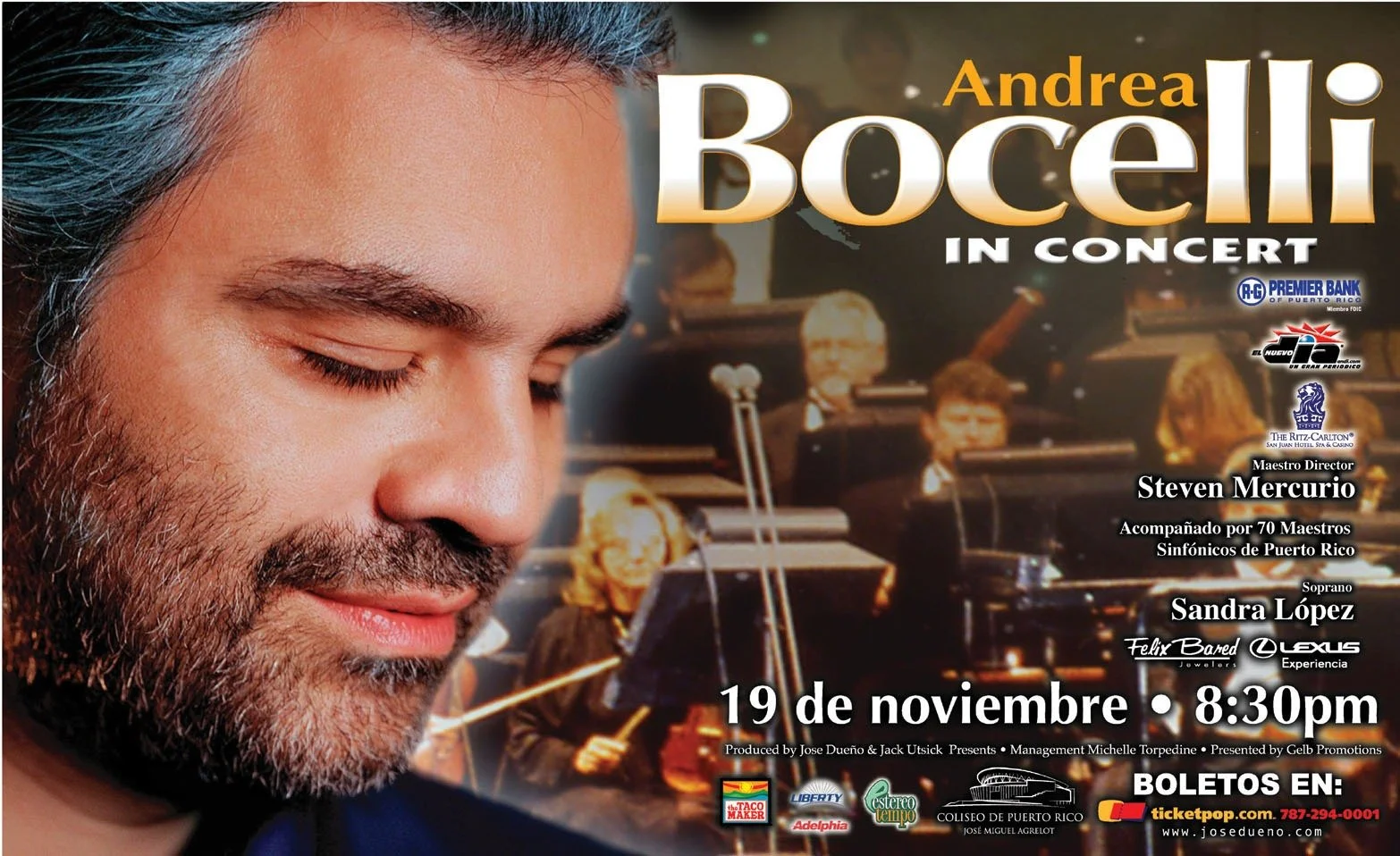 Andrea Bocelli
Centerspread newspaper advertisement and event marketing materials for an Andrea Bocelli concert in Puerto Rico, produced by José Dueño Enterprises.