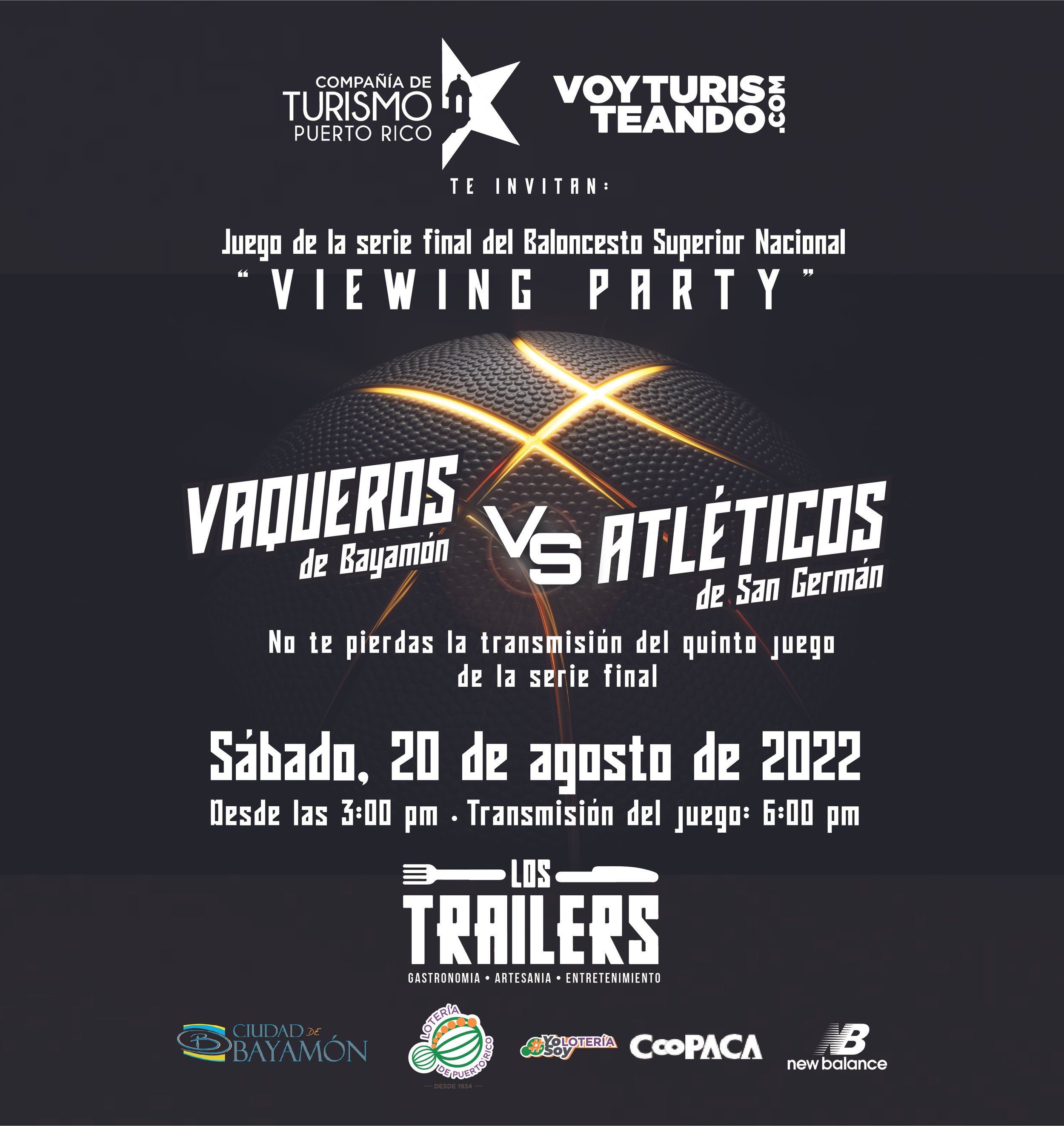 Vaqueros vs Atlético Viewing Party
Press and promotional advertising for a BSN basketball viewing party event in Puerto Rico. Event announcement design.