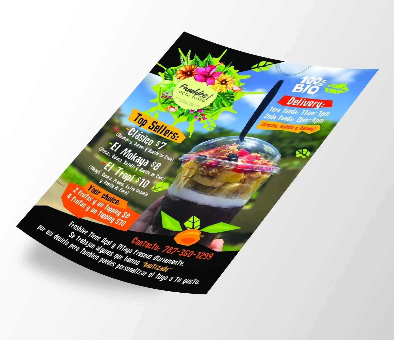Event flyer and promotional print design for Tea Rama. Colorful bilingual event marketing materials.