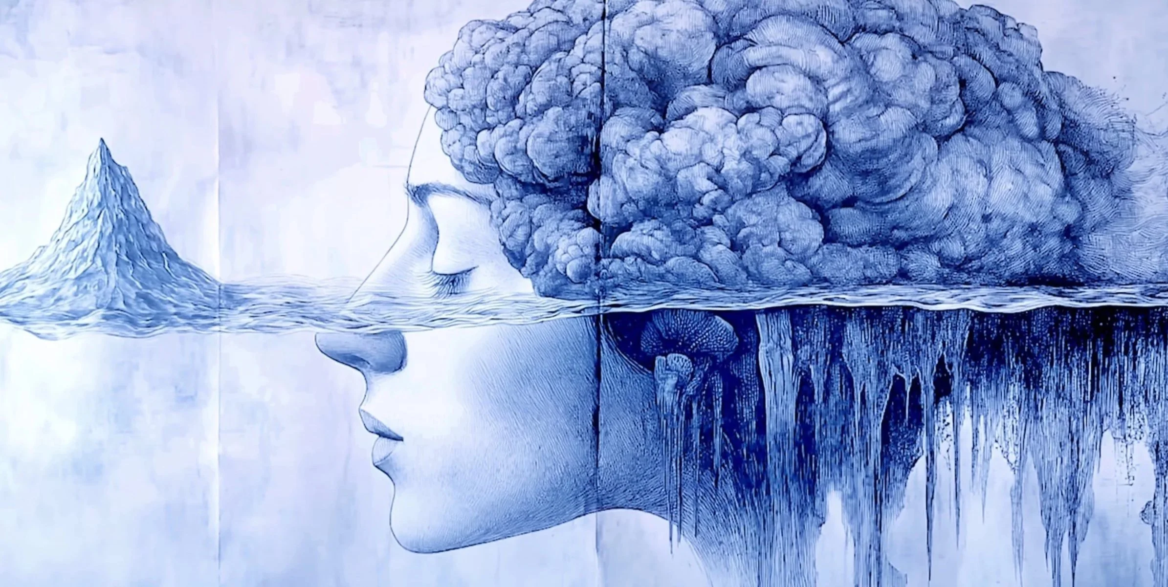 A blue-toned artistic illustration of a human face in profile, with the head replaced by a cloud of brain-like texture, and mountain and water elements integrated into the design.
