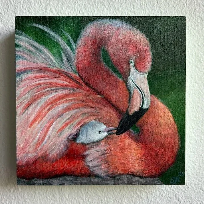 Flamingo and Chick, acrylic, 2023