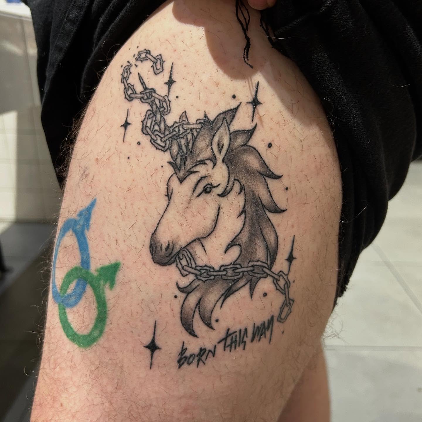 I saw Zach @zachyyykyle finally got to see Lady Gaga in concert this past September so I thought I&rsquo;d post the Born This Way tattoo I got to do for them back in April!! It&rsquo;s based on Gaga&rsquo;s tattoo on the last slide but we made it uni