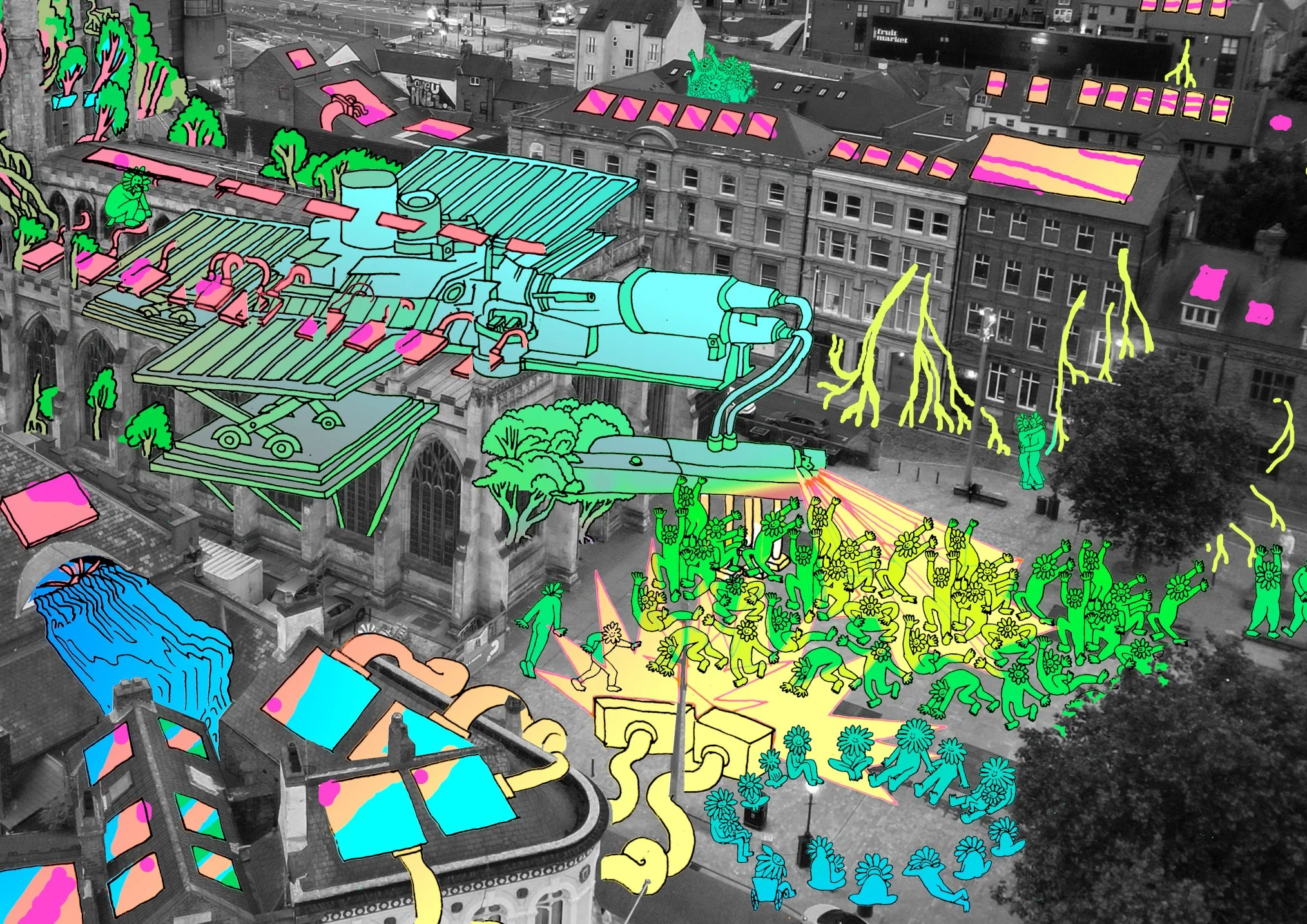 Picture of the square outside Hull Minster with brightly coloured drawings on it, showing solar panels, wind turbines, and groups of people having discussions.