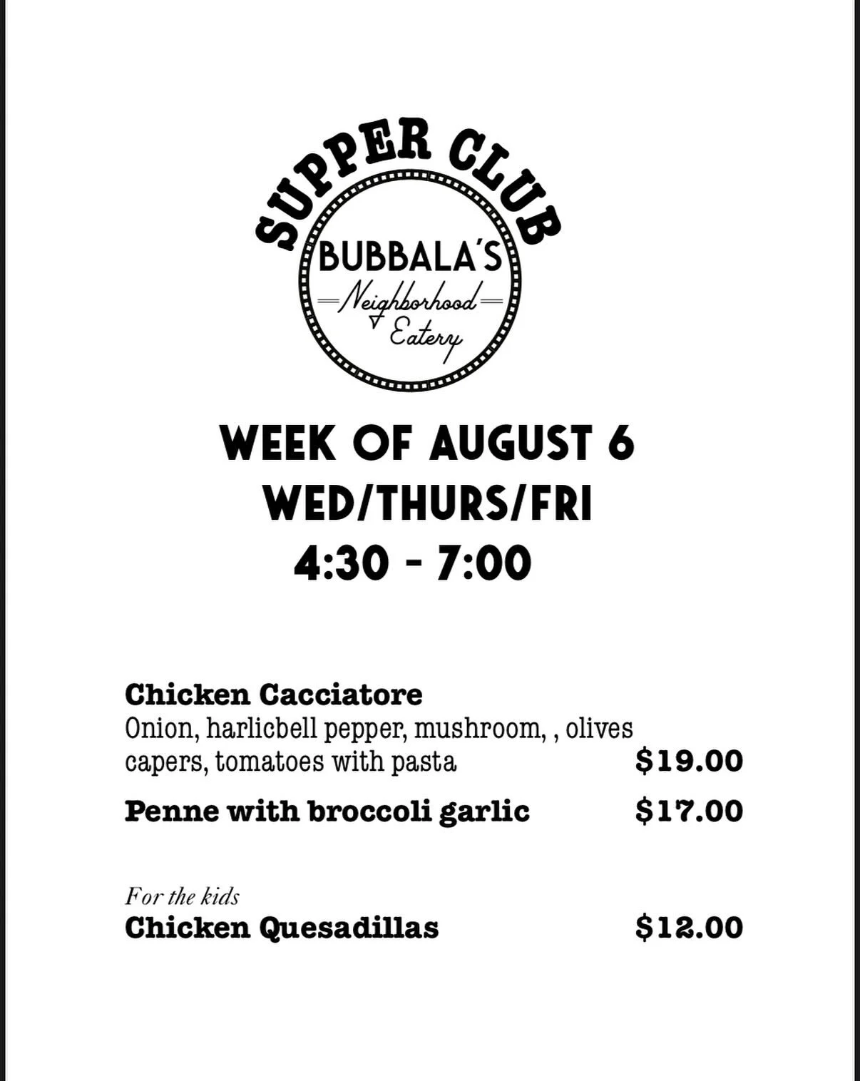 Supper Club menu for this week! We&rsquo;re here to make dinner easy!!