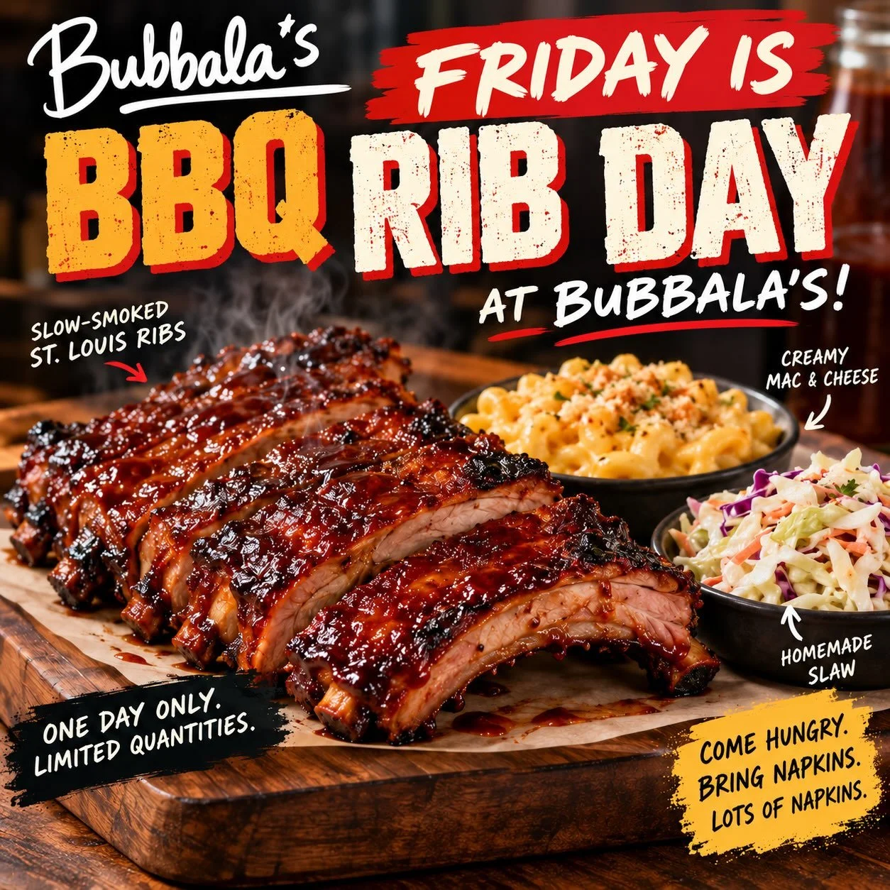 🔥 FRIDAY IS BBQ RIB DAY AT BUBBALA&rsquo;S! 🔥
Little-known fact: Before Pawsstrami, Bubbala was all about BBQ!
This Friday, we&rsquo;re getting back to our roots with slow-smoked St. Louis ribs &mdash; smoky, tender, saucy, and finger-lickin&rsquo;