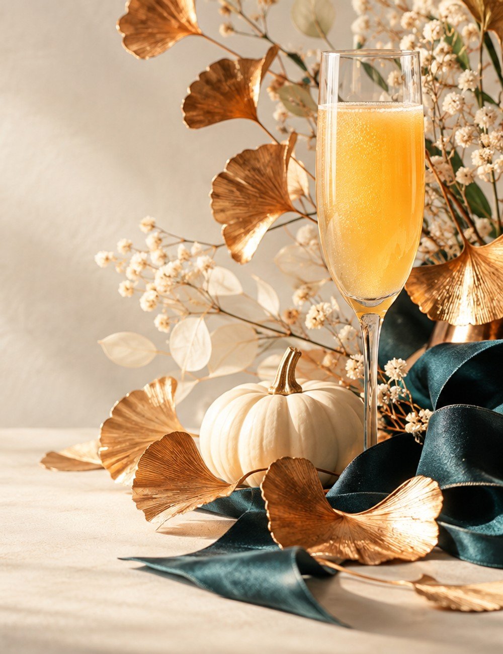 Autumn leaves, an ivory pumpkin, and a mimosa for Afterglow’s fifth anniversary celebration.