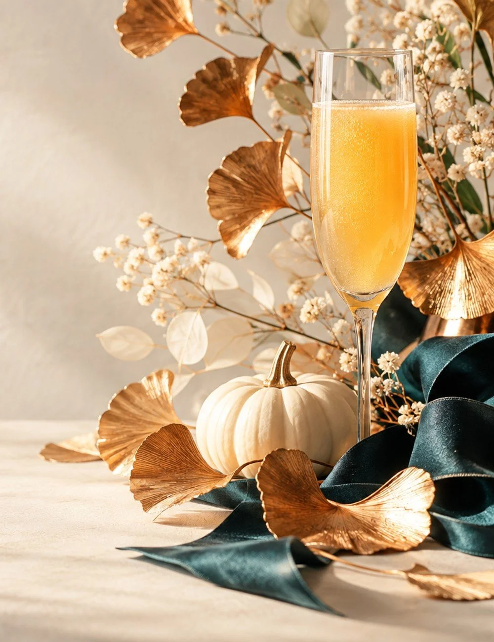 Autumn leaves, an ivory pumpkin, and a mimosa for Afterglow’s fifth anniversary celebration.