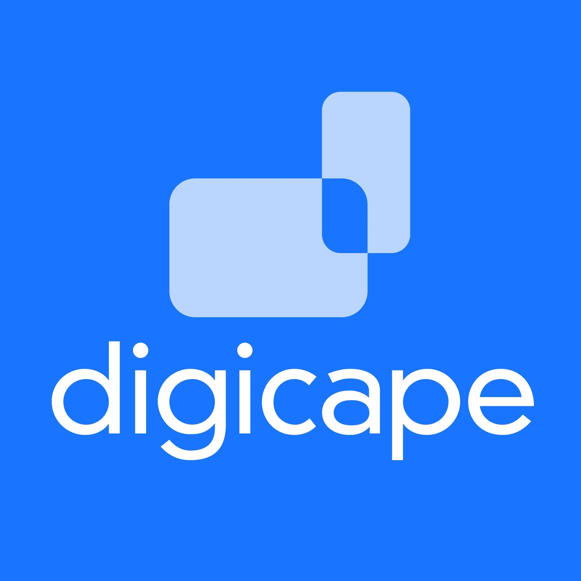 DigiCAPE logo with a blue background, featuring two overlapping rounded squares and the word 'digicape' in white lowercase letters.