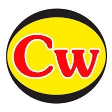 Circular logo with a yellow background, black border, and red letters 'Cw' in the center.