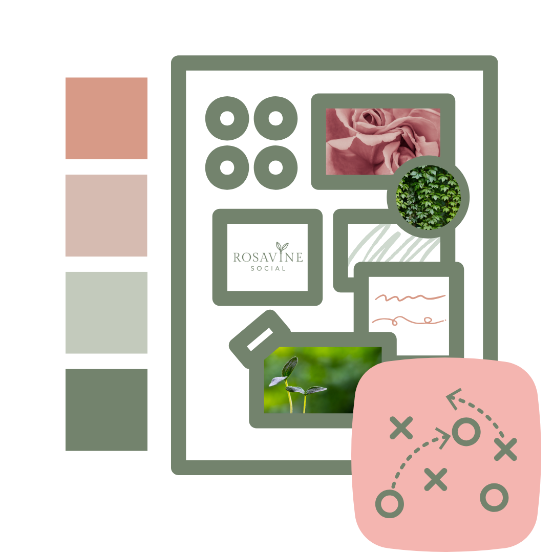 Illustration of a tablet screen displaying various images and icons, including a pink rose, green plant, logo that says 'Rosavine Social', and images of leaves and abstract lines; aside to the left is a vertical color palette; to the bottom right is a pink circle with a strategy diagram.